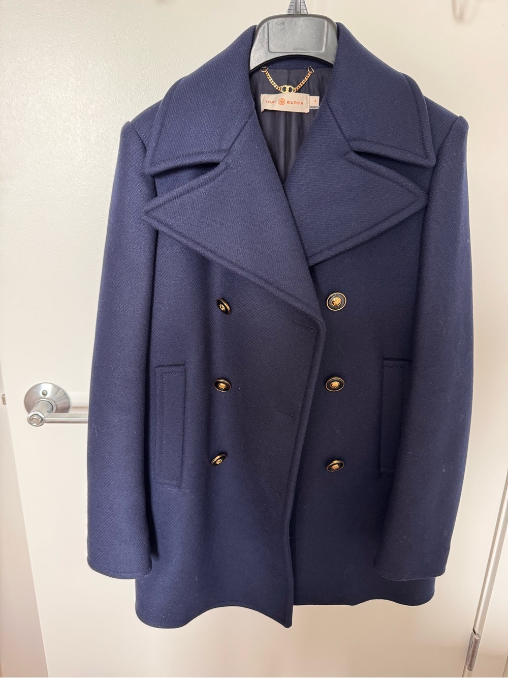 Tory Burch Wool Double Breasted Navy Blue Pea Coat Gold Buttons Pockets Size 0